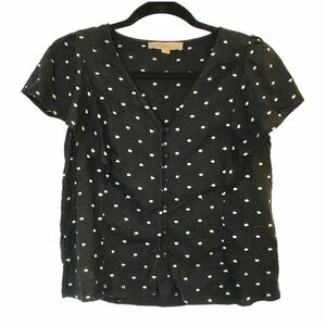 LOFT Black Linen Blend Flutter Sleeve Button Top White Embroidered Dots XS